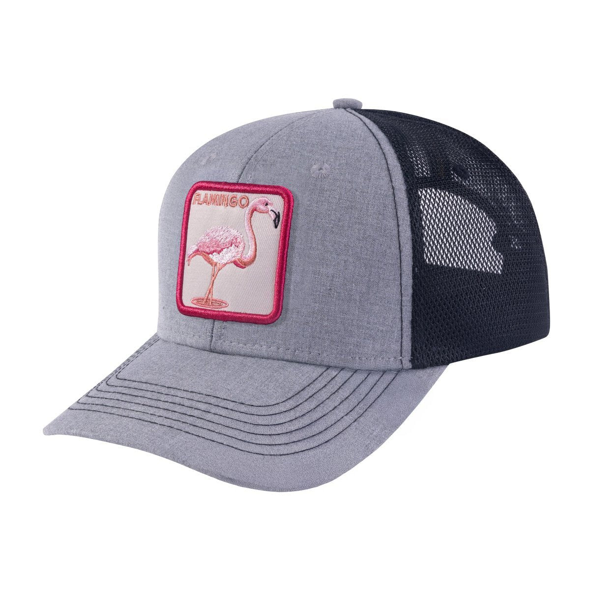 Unisex Embroidered The Flamingo, 6-Panel Trucker Hat, Light Grey/Black, Adjustable Fit