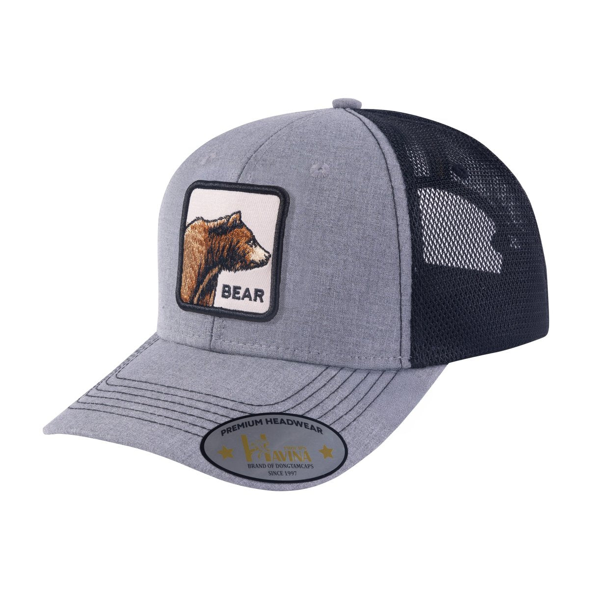 Unisex Embroidered The Bear, 6-Panel Trucker Hat, Light Grey/Black, Adjustable Fit
