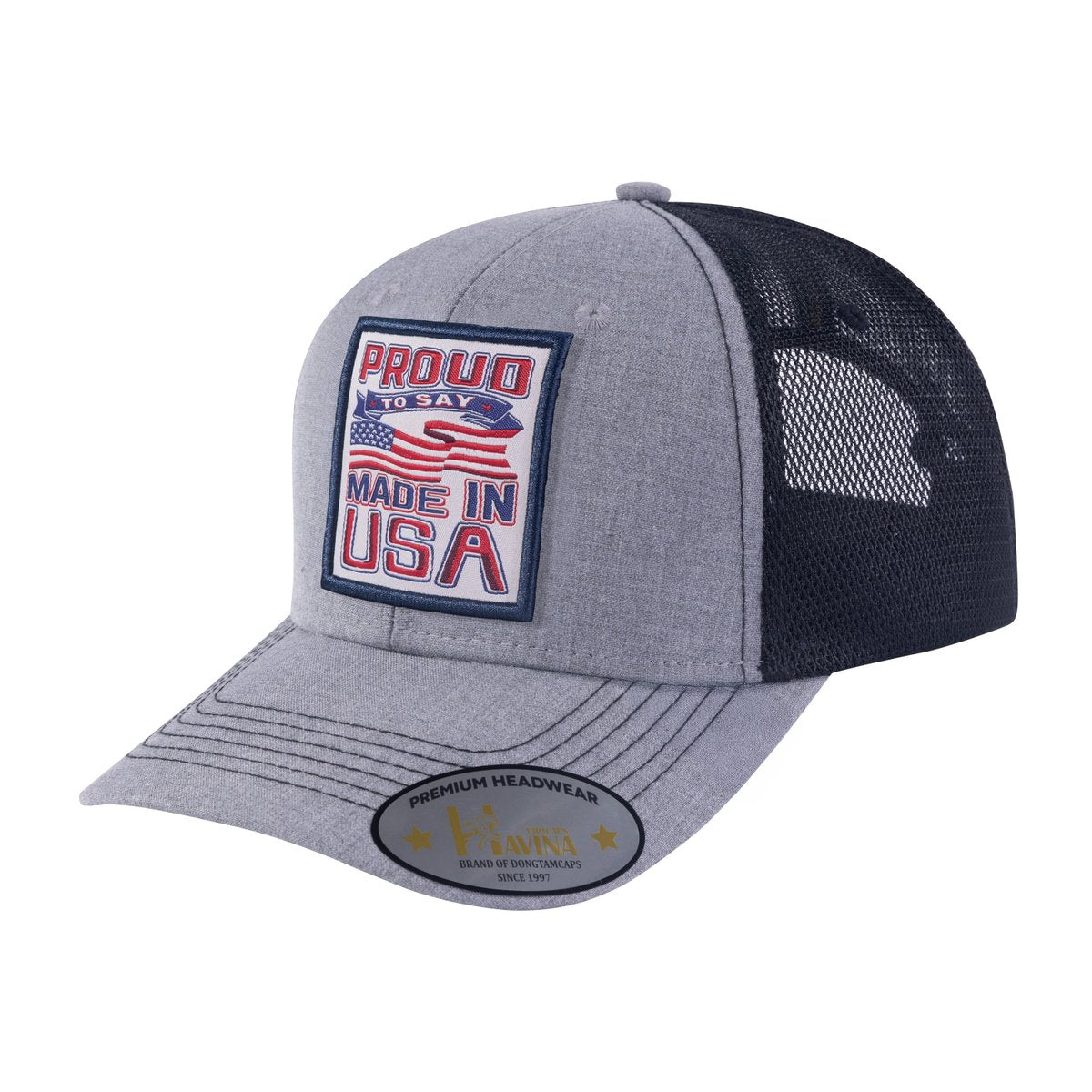 Unisex Embroidered Proud To Say Made In US, 6-Panel Trucker Hat, Light Grey/Black, Adjustable Fit