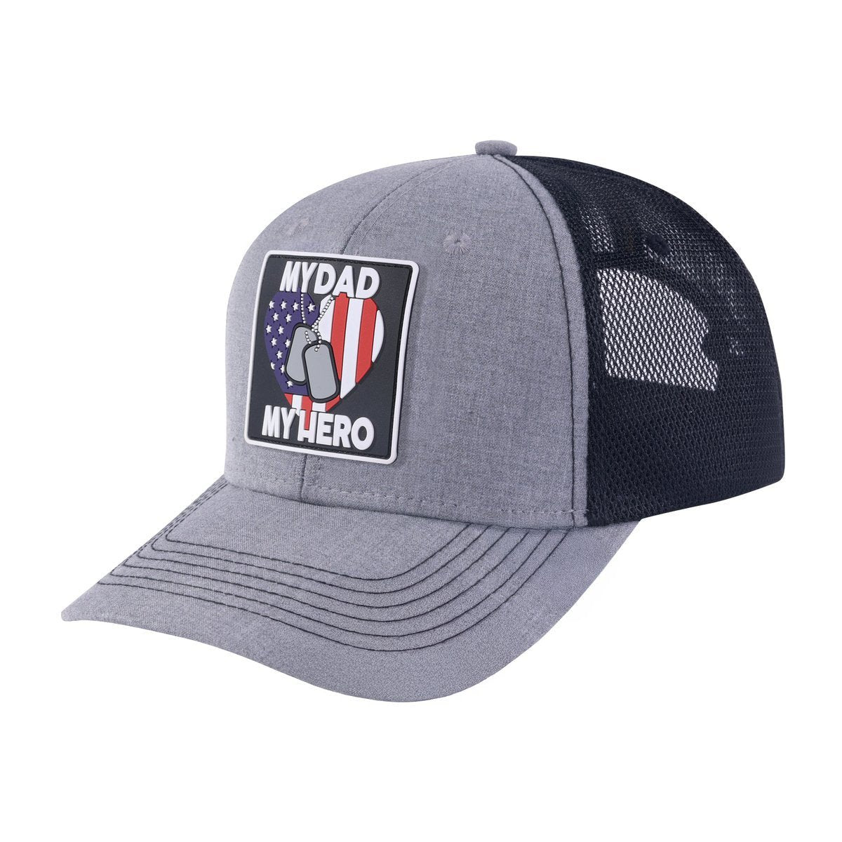 Unisex Embroidered My Dad My Hero, 6-Panel Trucker Hat, Light Grey/Black, Adjustable Fit