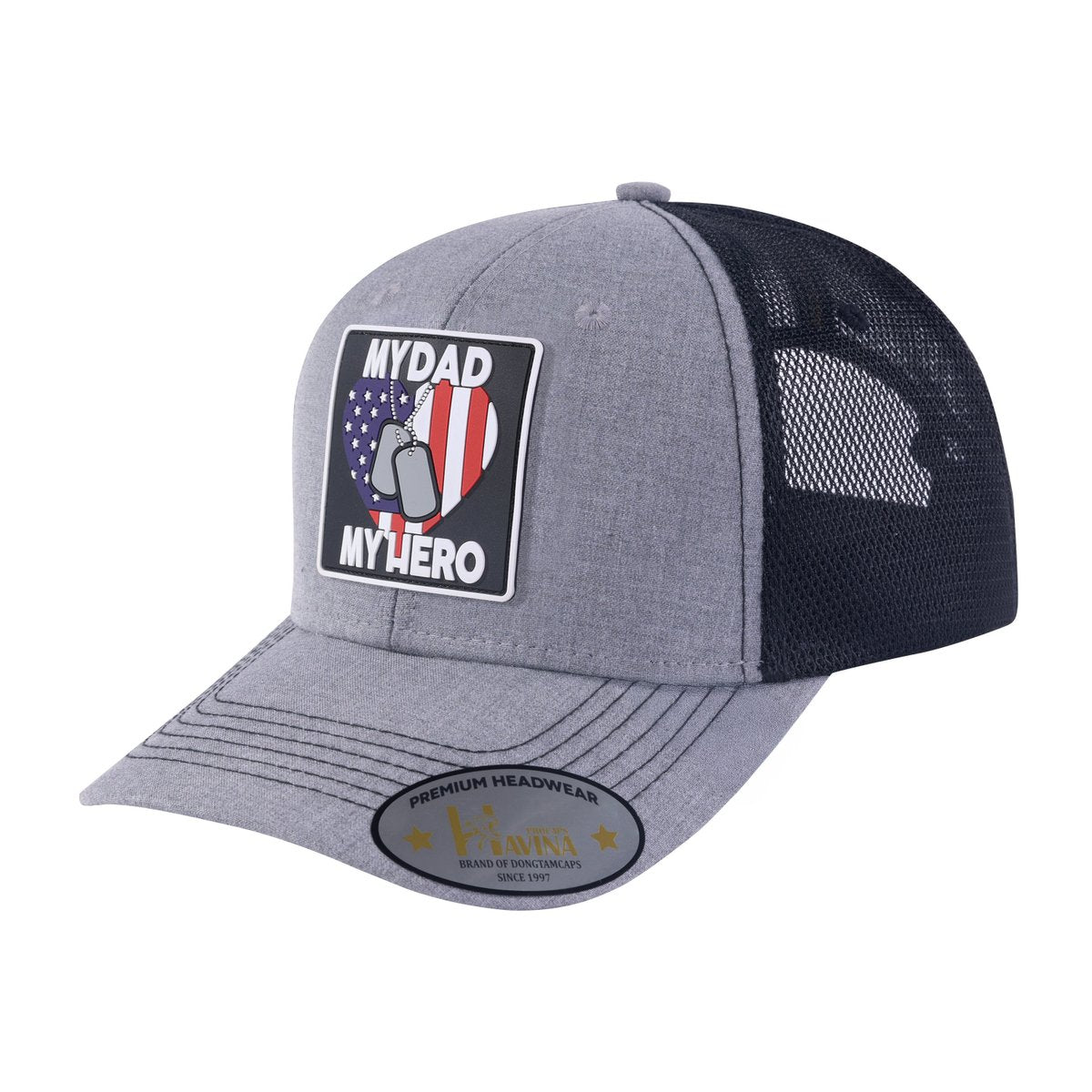 Unisex Embroidered My Dad My Hero, 6-Panel Trucker Hat, Light Grey/Black, Adjustable Fit