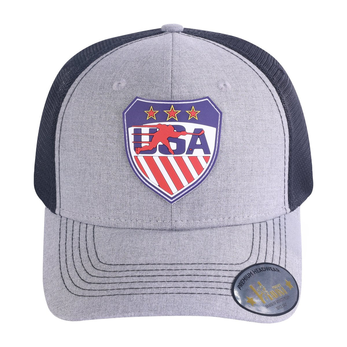 Unisex Embroidered US Loving Hockey, 6-Panel Trucker Hat, Light Grey, Adjustable Fit