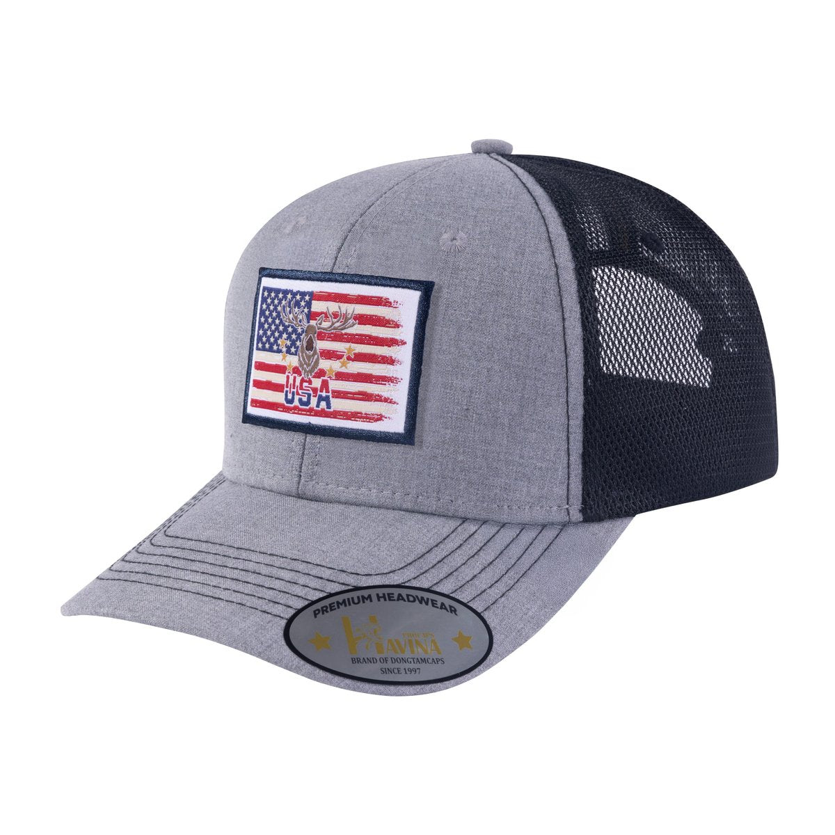 Embroidered Usa Deer Hunter - 6 Panel Trucker Hat - Light Grey/Black