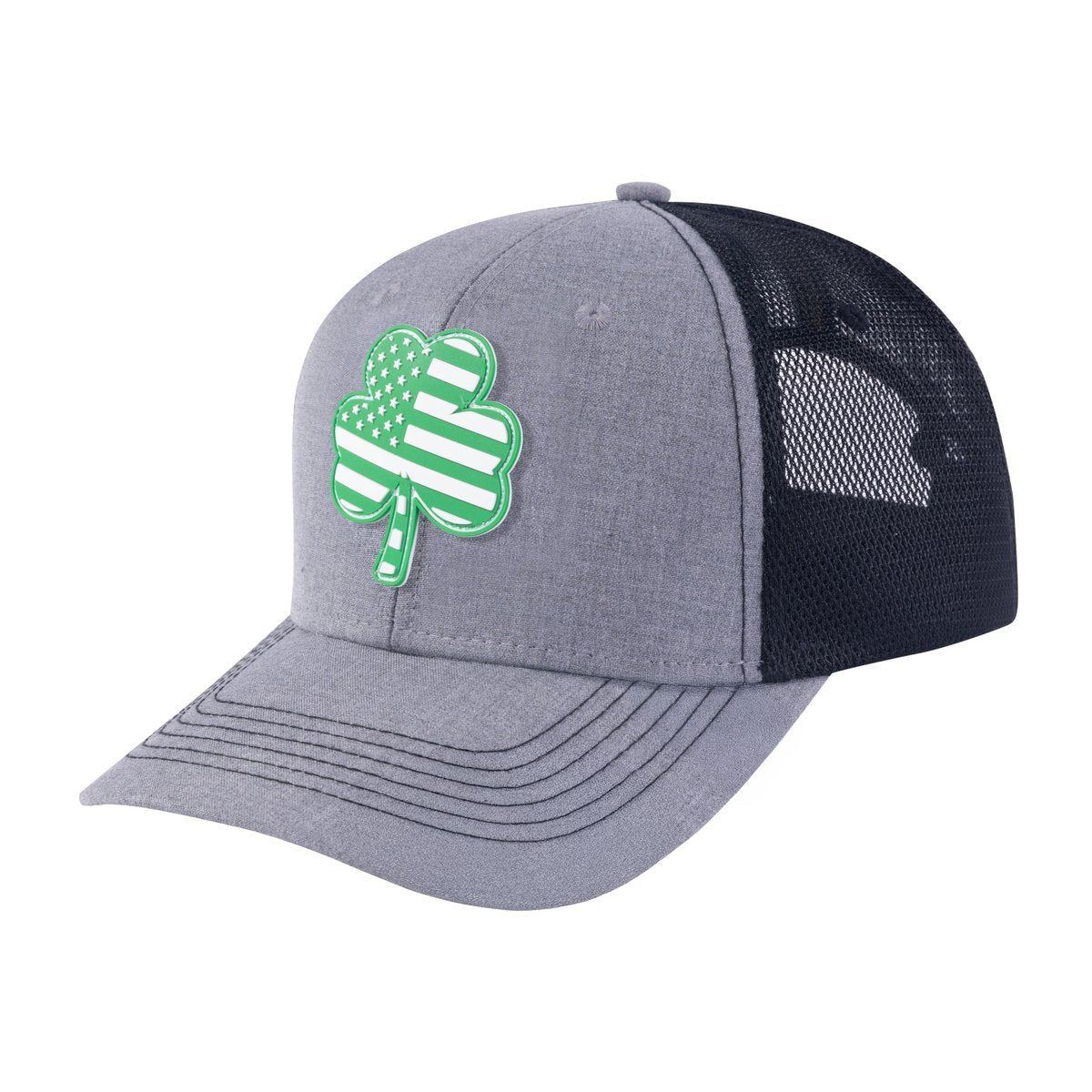 Unisex Embroidered St. Patrick'S Day Four Leaf Shamrock, 6-Panel Trucker Hat, Light Grey/Black, Adjustable Fit