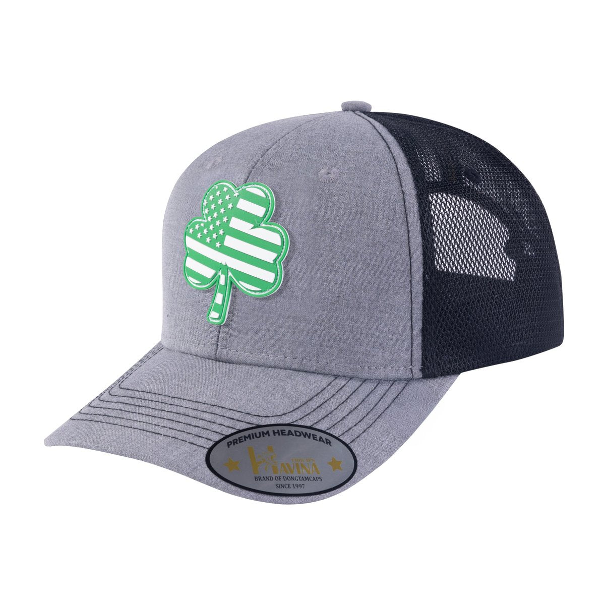 Embroidered St. Patrick'S Day Four Leaf Shamrock - 6 Panel Trucker Hat - Light Grey/Black