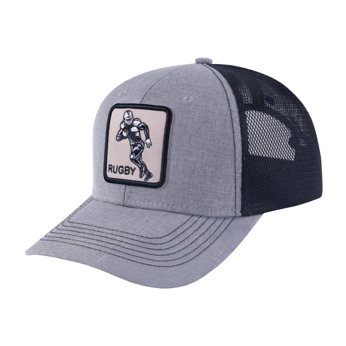 Unisex Embroidered Rugby, 6-Panel Trucker Hat, Light Grey/Black, Adjustable Fit