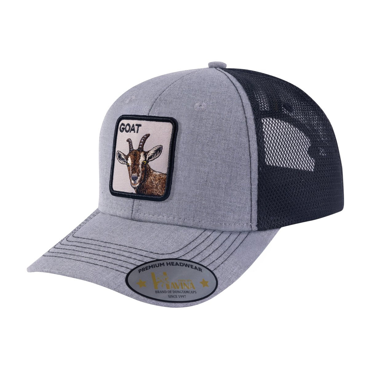 Unisex Embroidered The Goat, 6-Panel Trucker Hat, Light Grey/Black, Adjustable Fit