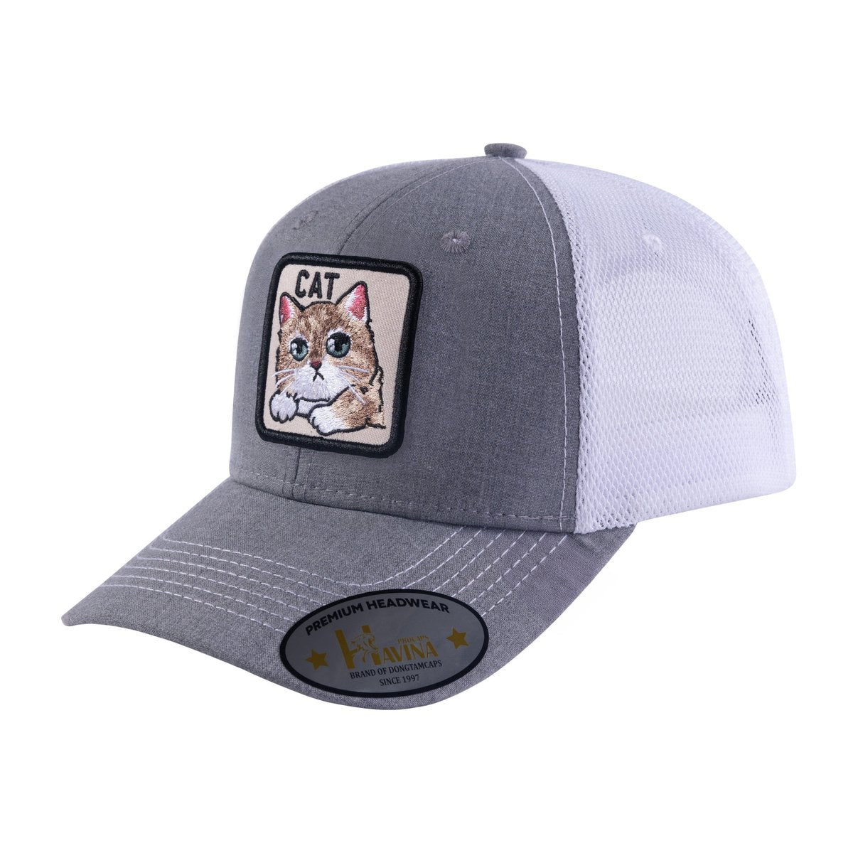Unisex Embroidered The Cat, 6-Panel Trucker Hat, Light Grey/White, Adjustable Fit