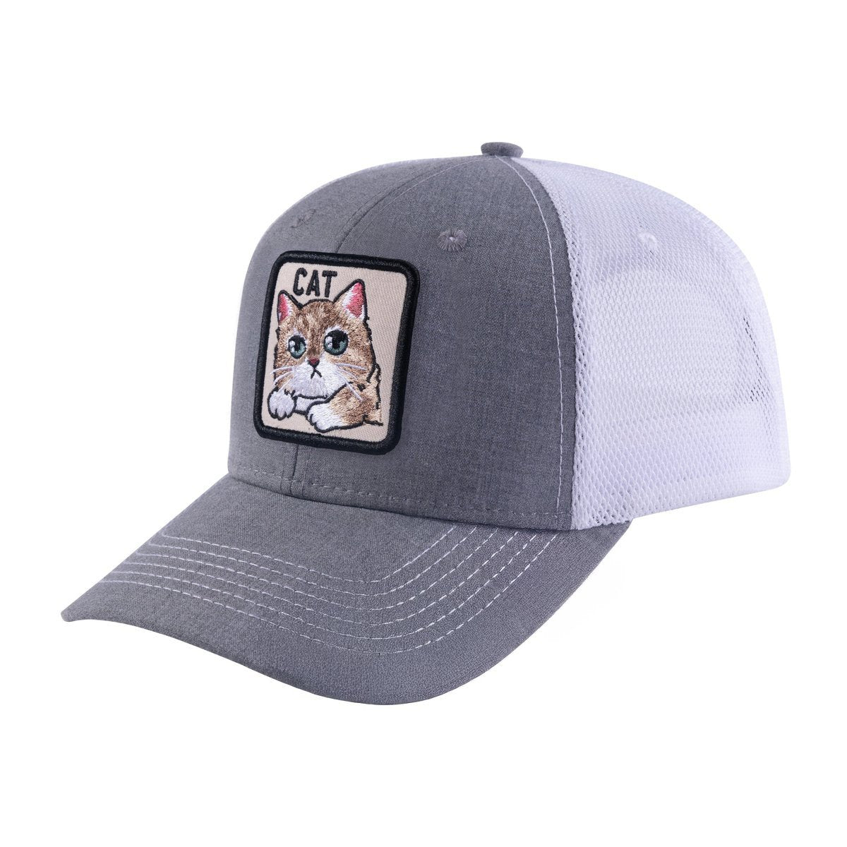 Unisex Embroidered The Cat, 6-Panel Trucker Hat, Light Grey/White, Adjustable Fit