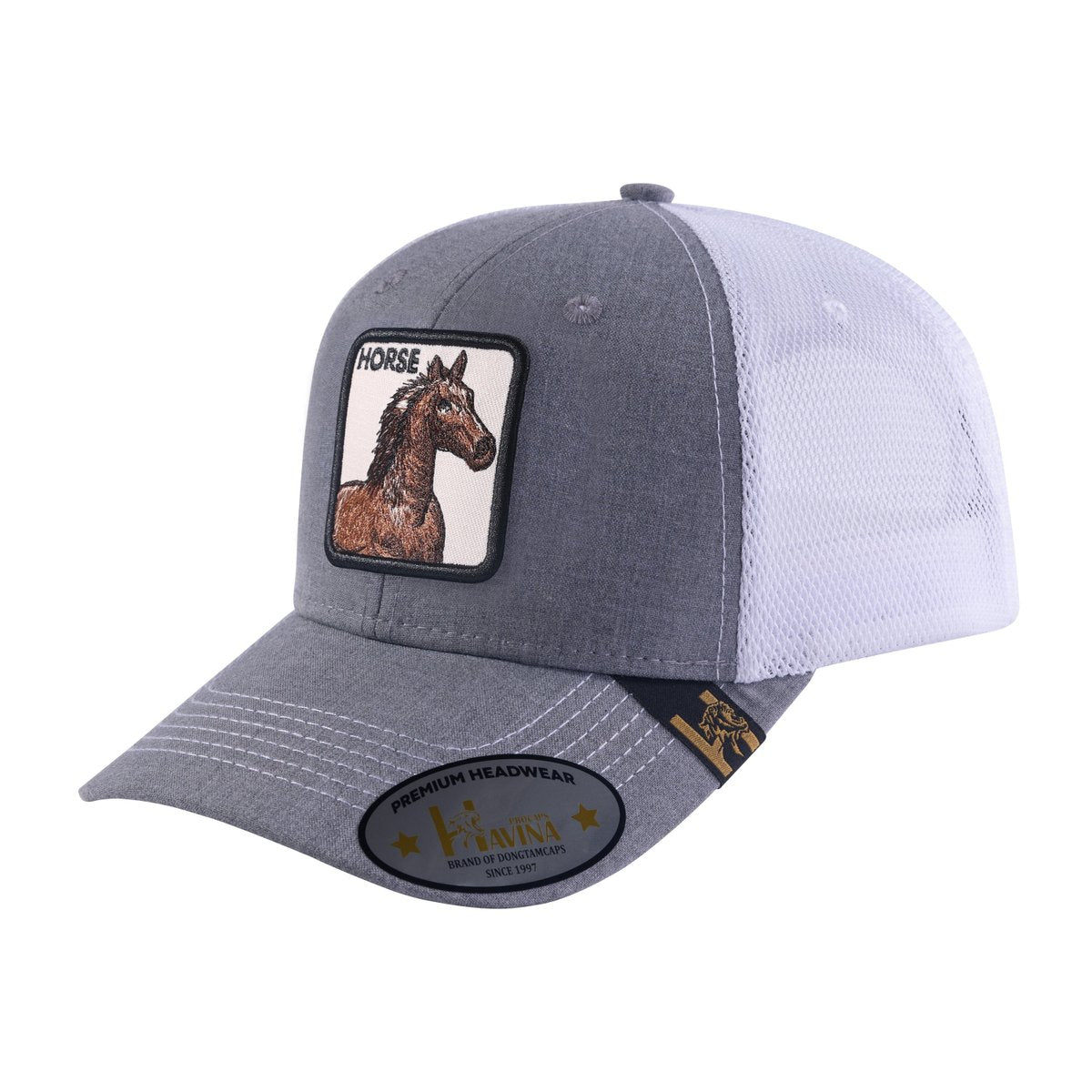 Unisex Embroidered The Horse, 6-Panel Trucker Hat, Light Grey/White, Adjustable Fit