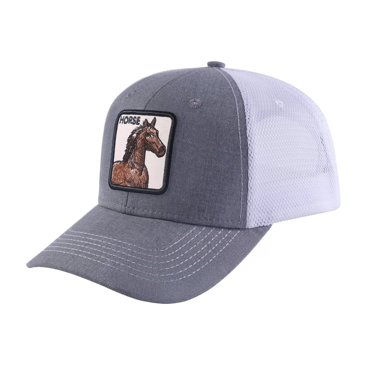 Unisex Embroidered The Horse, 6-Panel Trucker Hat, Light Grey/White, Adjustable Fit