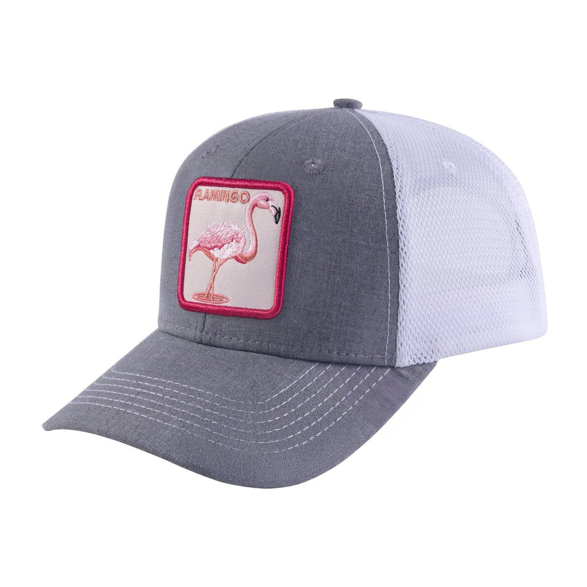 Unisex Embroidered The Flamingo, 6-Panel Trucker Hat, Light Grey/White, Adjustable Fit