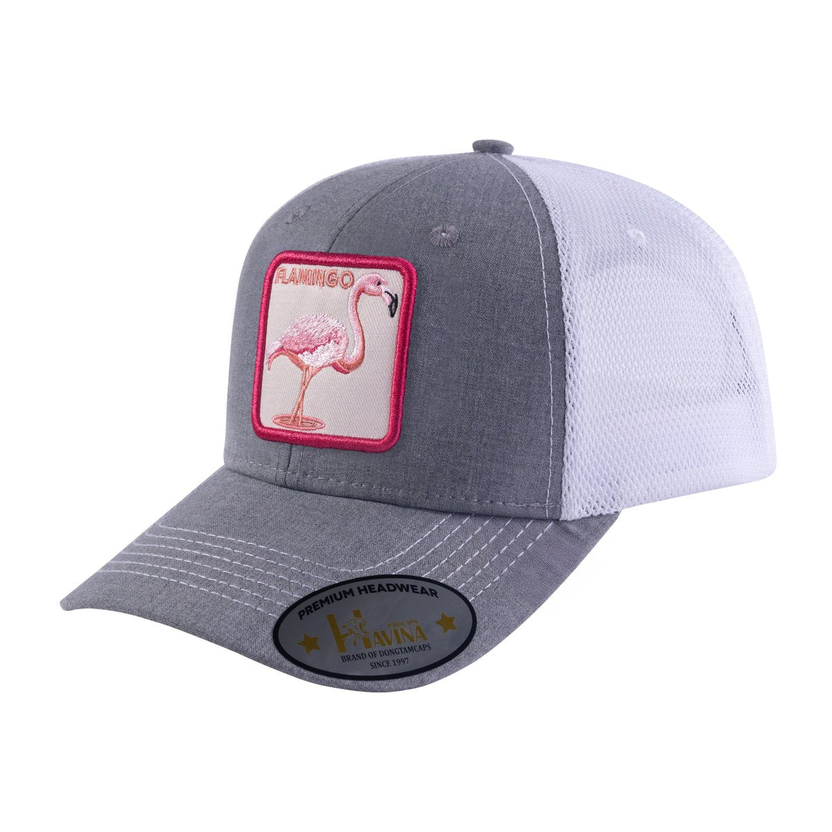 Unisex Embroidered The Flamingo, 6-Panel Trucker Hat, Light Grey/White, Adjustable Fit