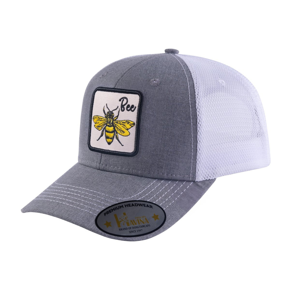 Unisex Embroidered The Bee, 6-Panel Trucker Hat, Light Grey/White, Adjustable Fit