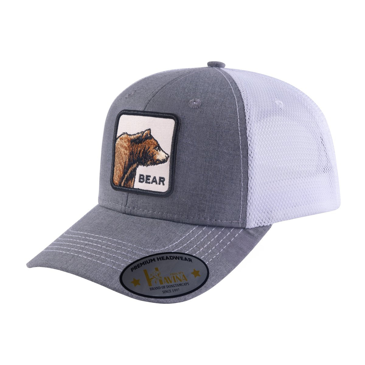 Unisex Embroidered The Bear, 6-Panel Trucker Hat, Light Grey/White, Adjustable Fit