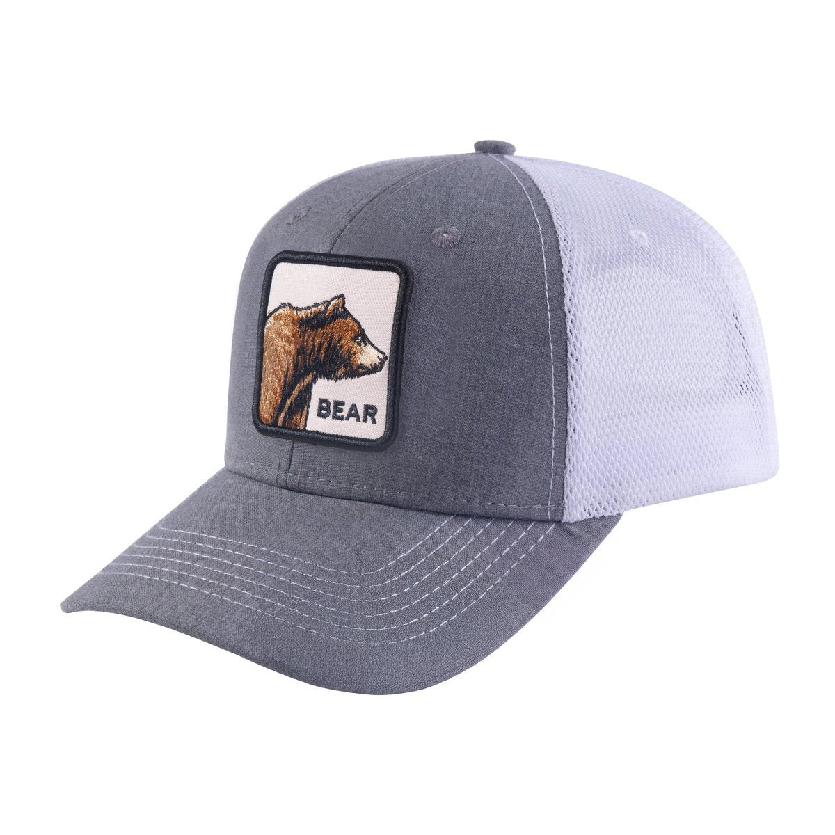 Unisex Embroidered The Bear, 6-Panel Trucker Hat, Light Grey/White, Adjustable Fit