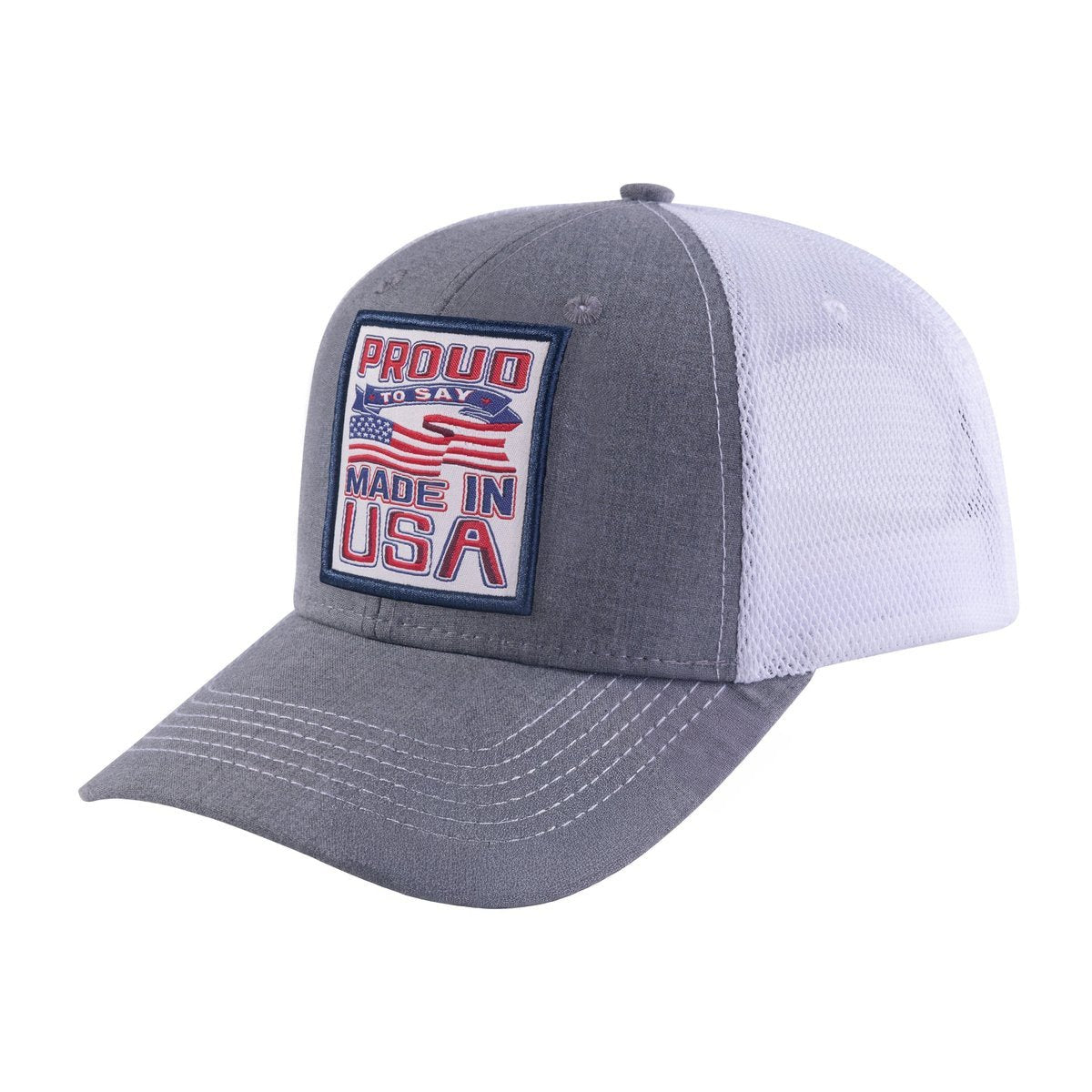 Unisex Embroidered Proud To Say Made In Usa, 6-Panel Trucker Hat, Light Grey/White, Adjustable Fit