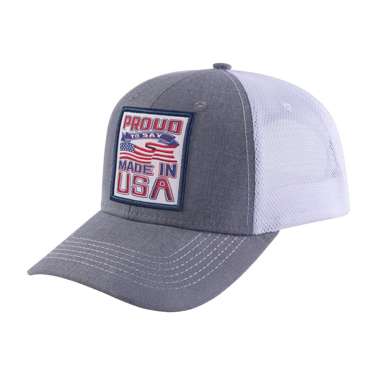 Unisex Embroidered Proud To Say Made In US, 6-Panel Trucker Hat, Light Grey/White, Adjustable Fit