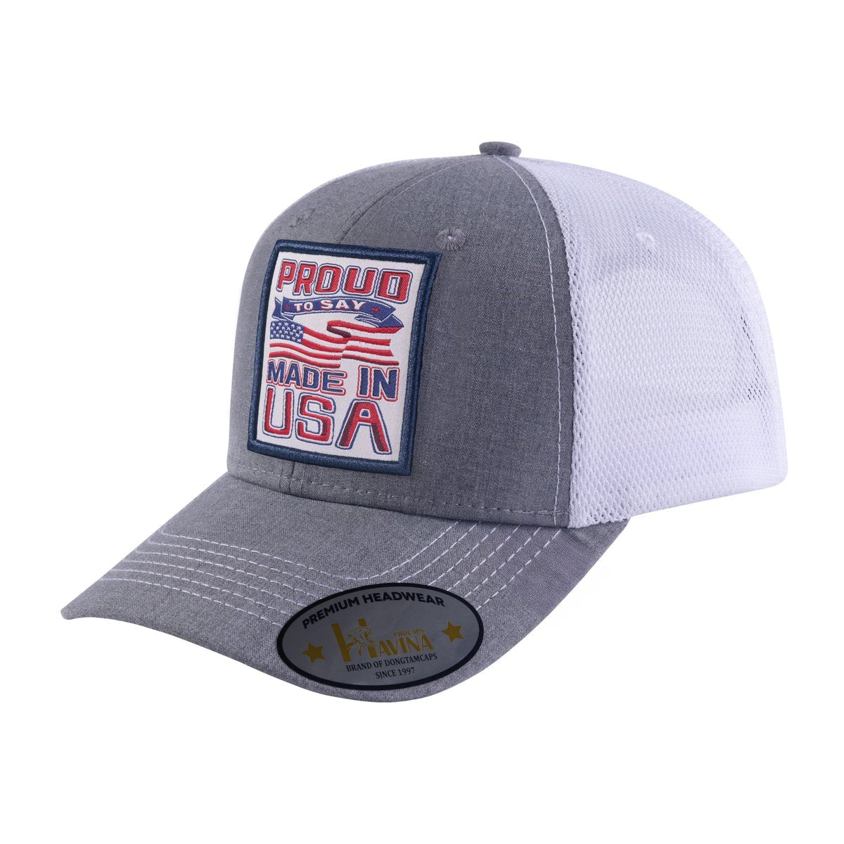 Unisex Embroidered Proud To Say Made In US, 6-Panel Trucker Hat, Light Grey/White, Adjustable Fit
