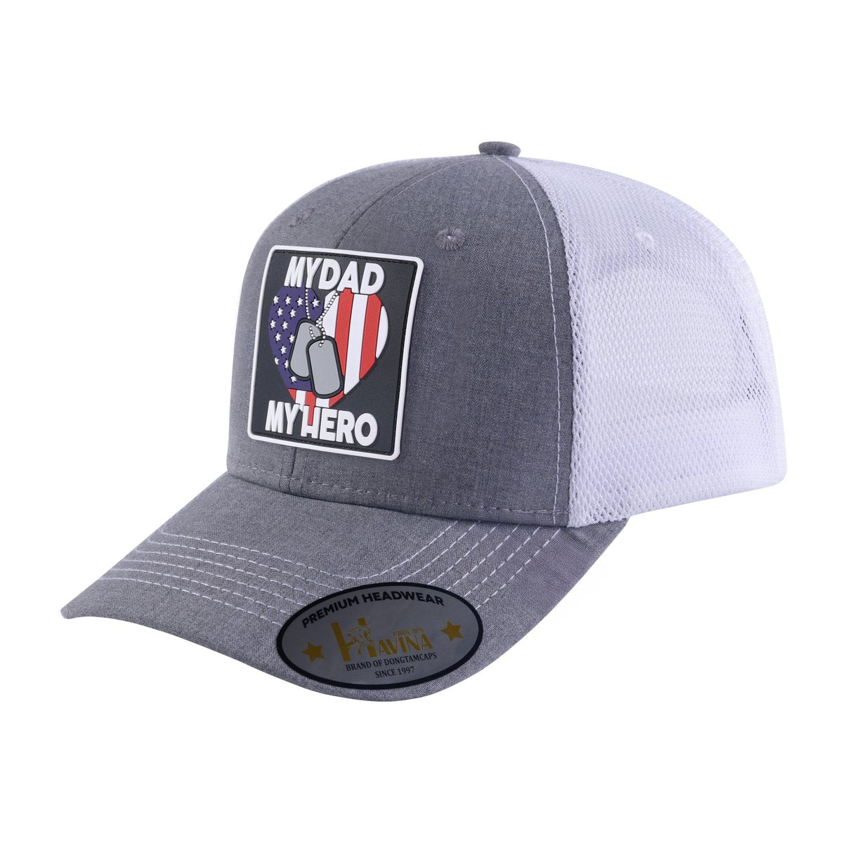Unisex Embroidered My Dad My Hero, 6-Panel Trucker Hat, Light Grey/White, Adjustable Fit