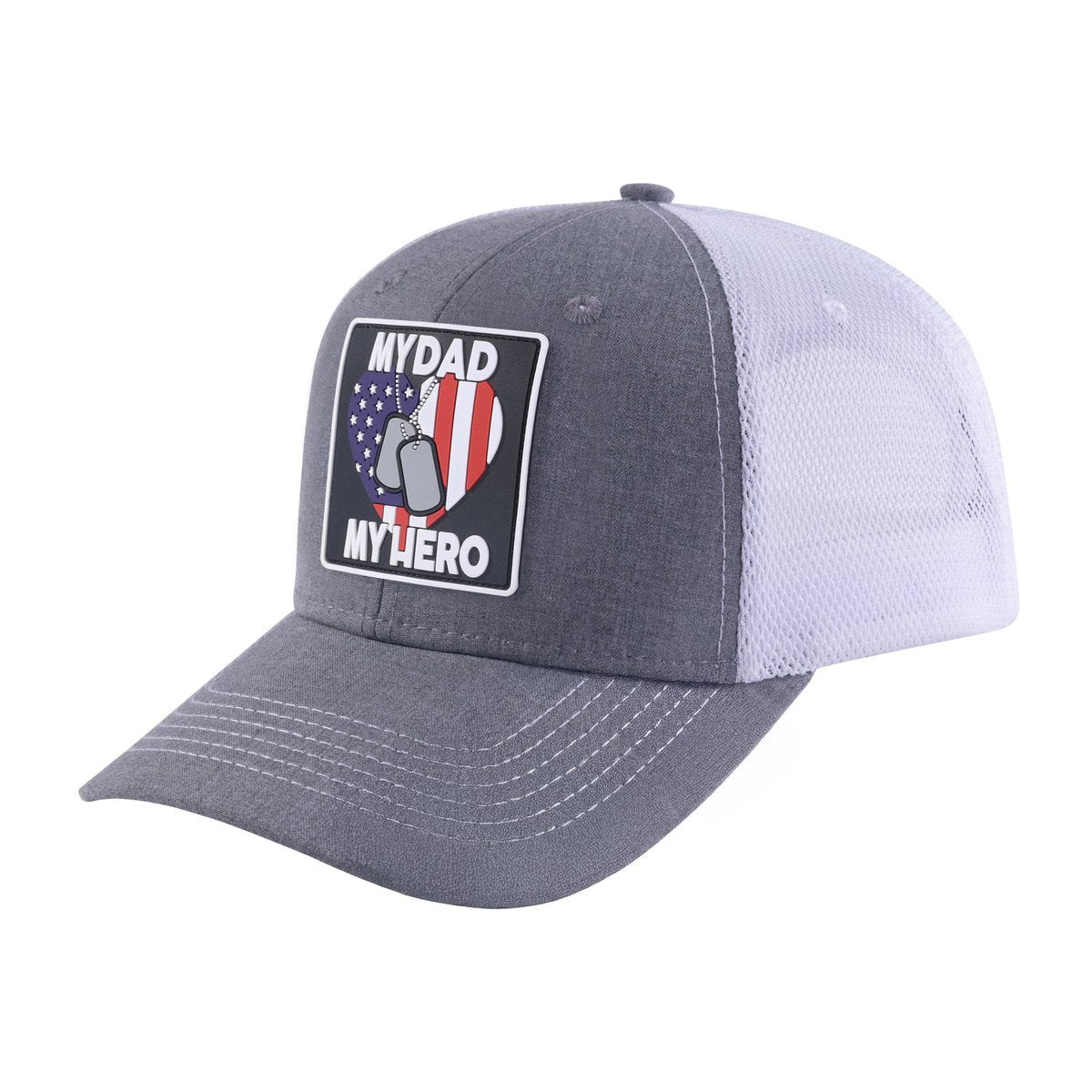Unisex Embroidered My Dad My Hero, 6-Panel Trucker Hat, Light Grey/White, Adjustable Fit