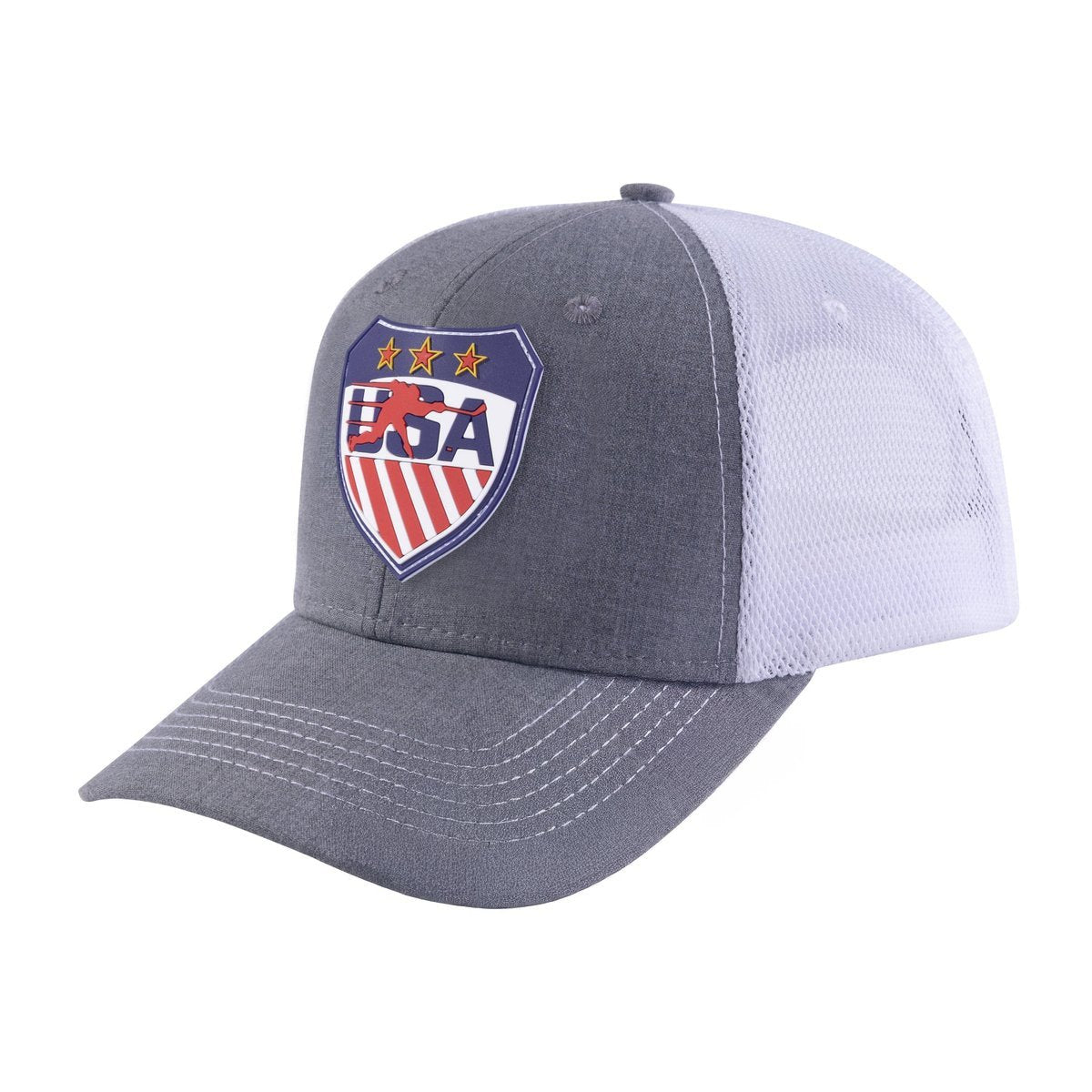 Unisex Embroidered Loving Hockey, 6-Panel Trucker Hat, Light Grey/White, Adjustable Fit