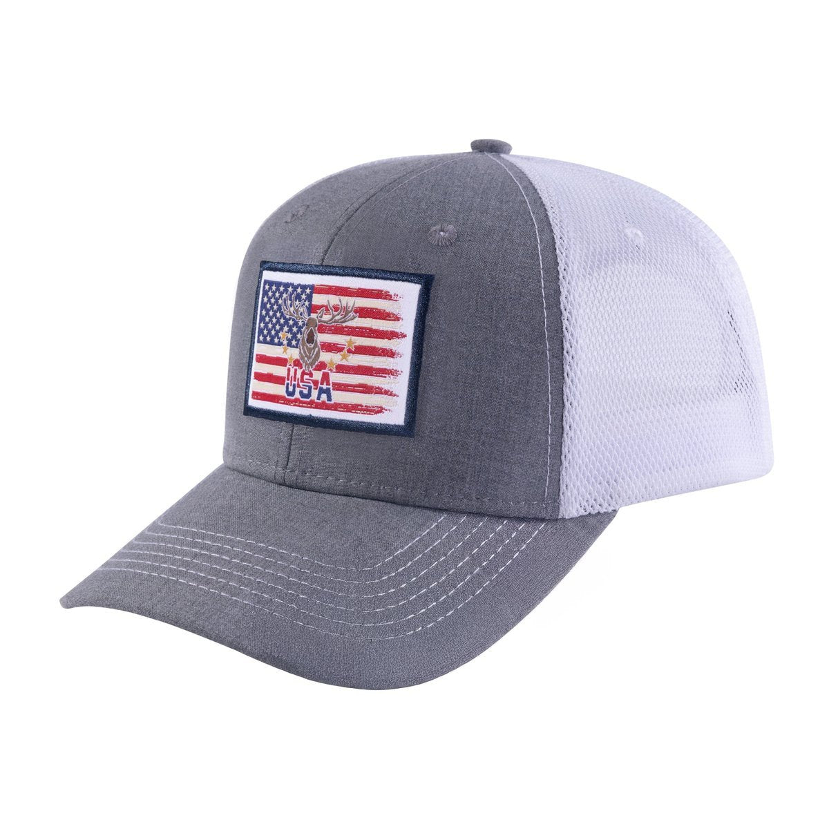 Unisex Embroidered Usa Deer Hunter, 6-Panel Trucker Hat, Light Grey/White, Adjustable Fit