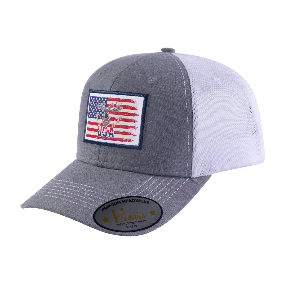 Unisex Embroidered US Deer Hunter, 6-Panel Trucker Hat, Light Grey/White, Adjustable Fit