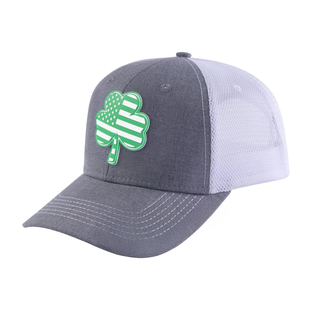 Unisex Embroidered St. Patrick'S Day Four Leaf Shamrock, 6-Panel Trucker Hat, Light Grey/White, Adjustable Fit