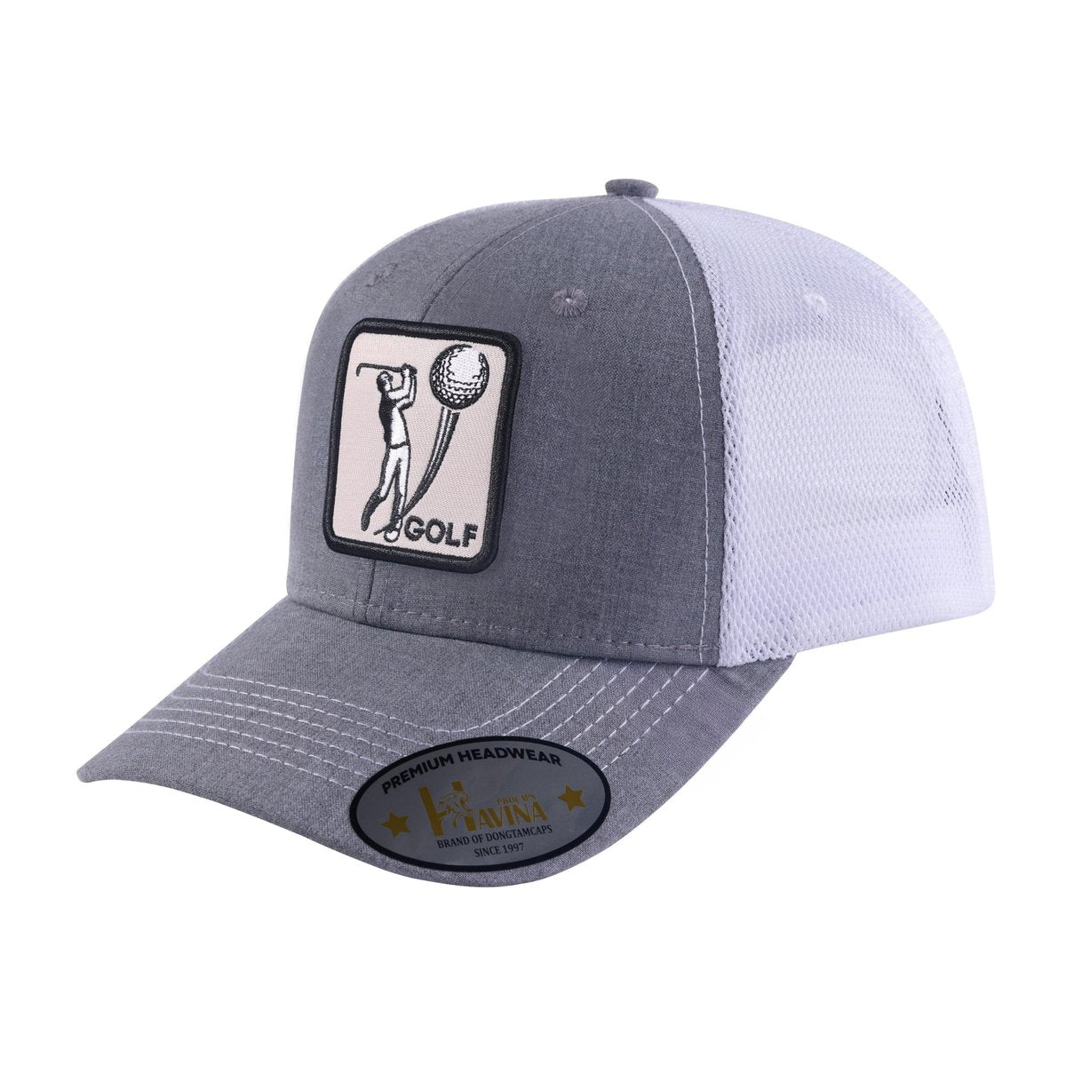 Unisex Embroidered Golf, 6-Panel Trucker Hat, Light Grey/White, Adjustable Fit