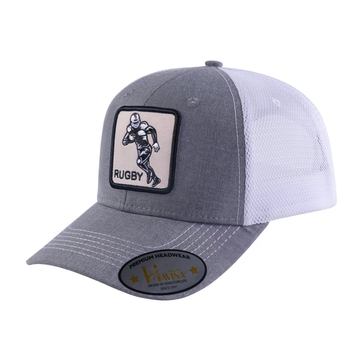Unisex Embroidered Rugby, 6-Panel Trucker Hat, Light Grey/White, Adjustable Fit