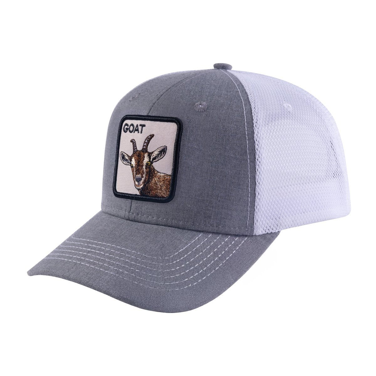 Unisex Embroidered The Goat, 6-Panel Trucker Hat, Light Grey/White, Adjustable Fit
