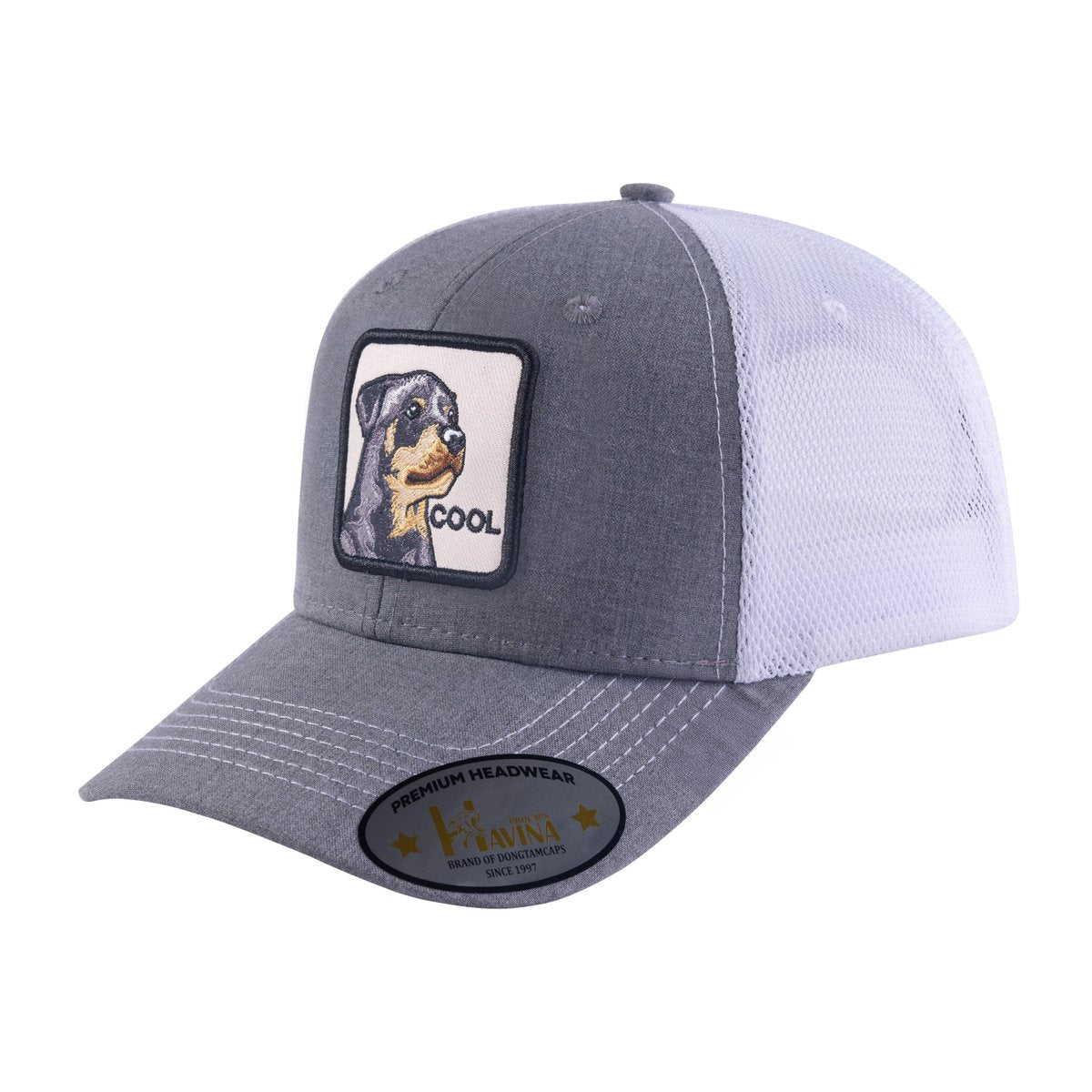 Unisex Embroidered The Cool Dog, 6-Panel Trucker Hat, Light Grey/White, Adjustable Fit