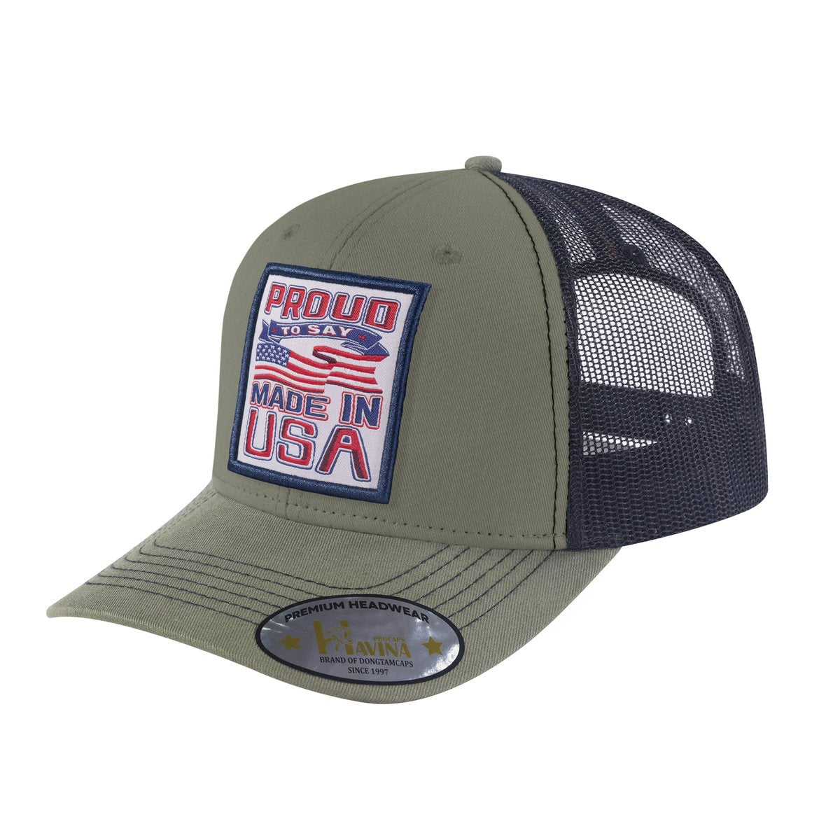 Embroidered Proud To Say Made In Usa - 6 Panel Trucker Hat - Olive Green/Black