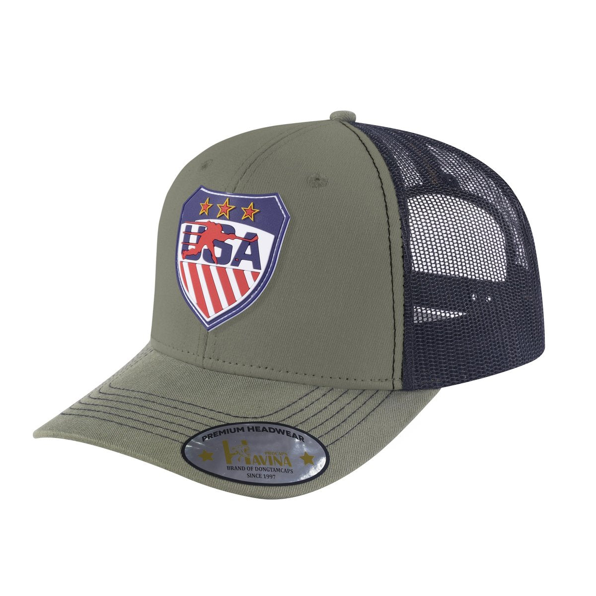 Embroidered Loving Hockey - 6 Panel Trucker Hat - Olive Green/Black