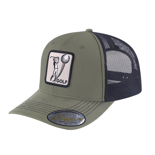 Golf 6-Panel Trucker Hat with Olive front and Black back
