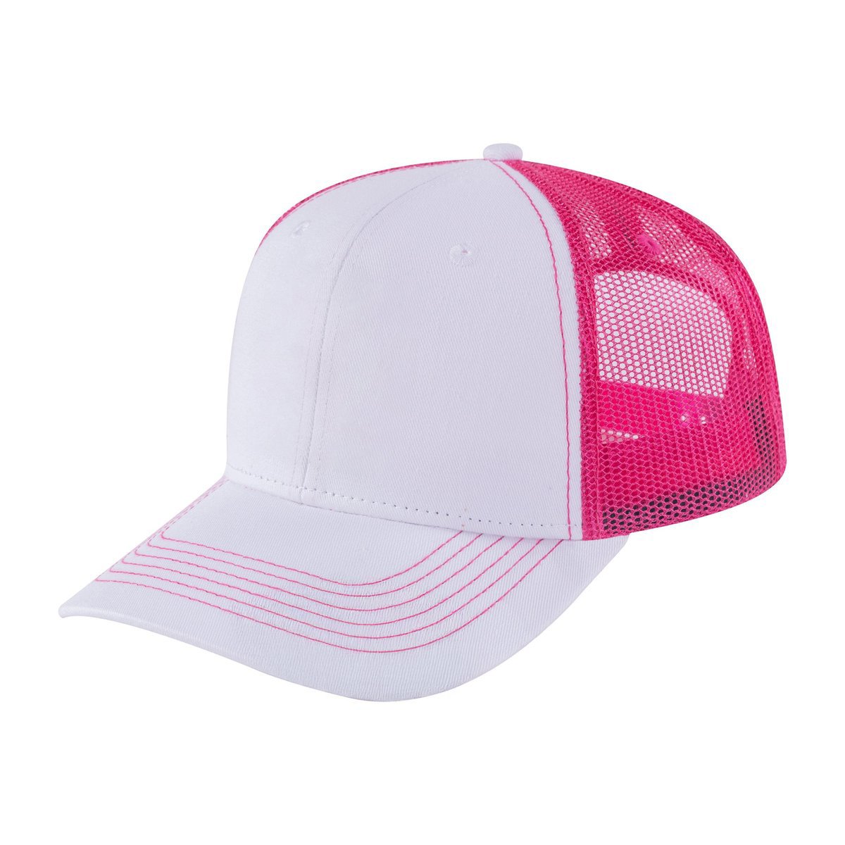 Unisex Blank, 6-Panel Trucker Hat, White/Pink, Adjustable Fit