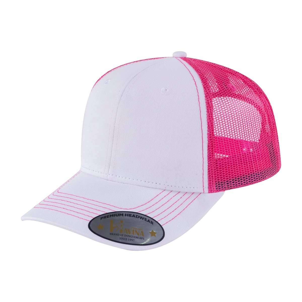 Unisex Blank, 6-Panel Trucker Hat, White/Pink, Adjustable Fit