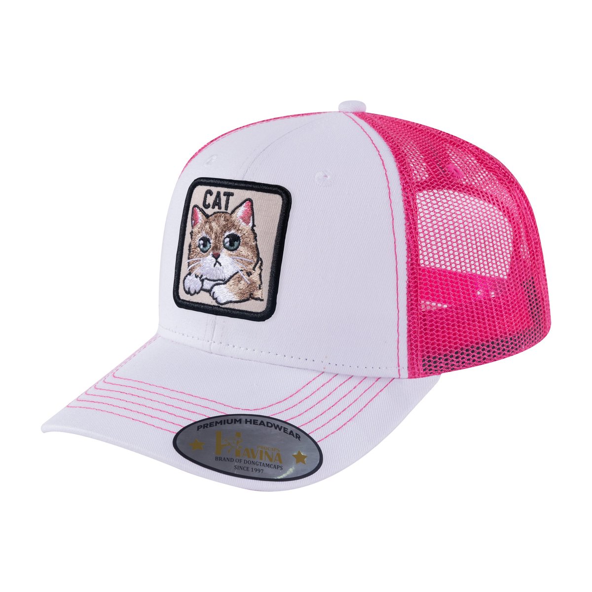 Unisex Embroidered The Cat, 6-Panel Trucker Hat, White/Pink, Adjustable Fit