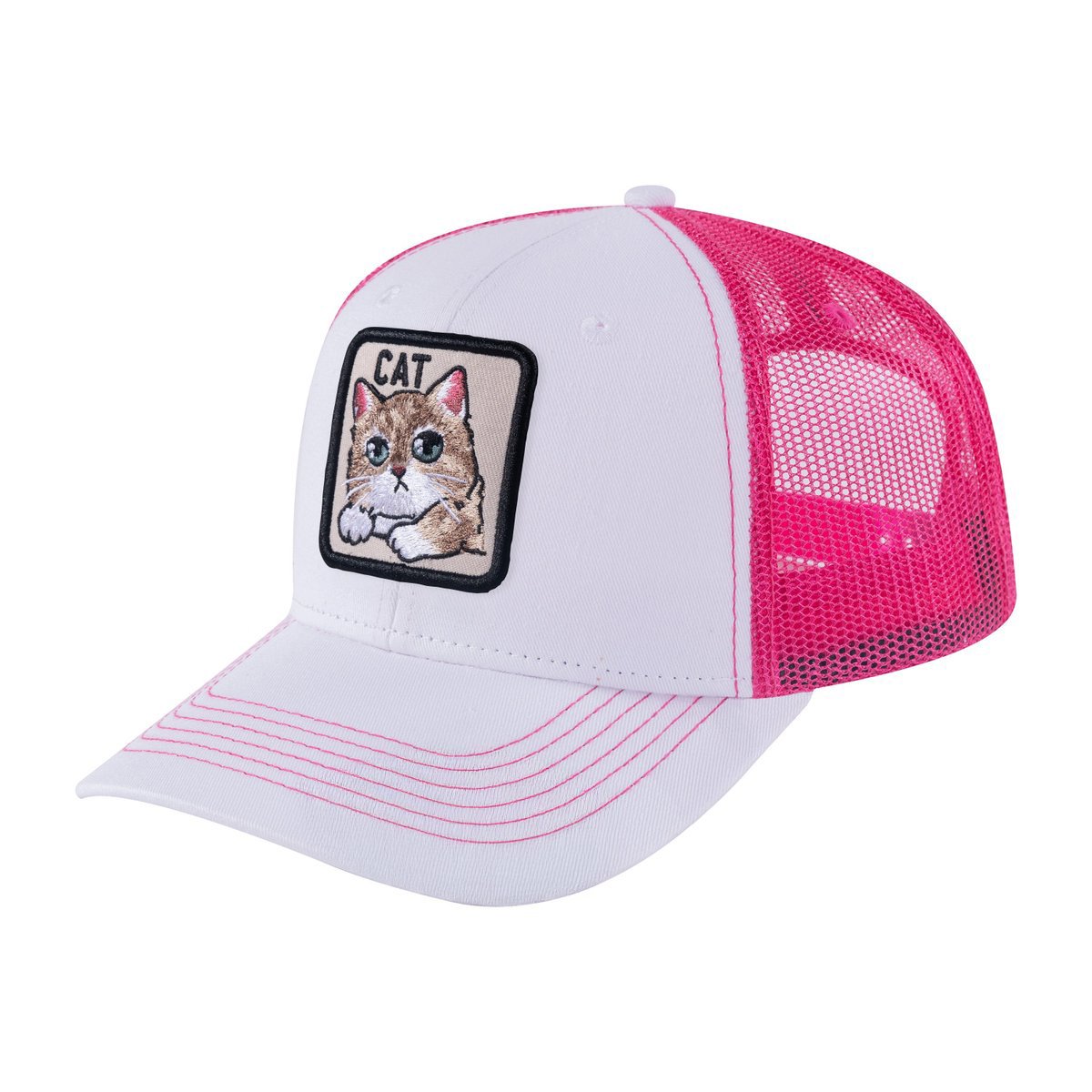 Unisex Embroidered The Cat, 6-Panel Trucker Hat, White/Pink, Adjustable Fit