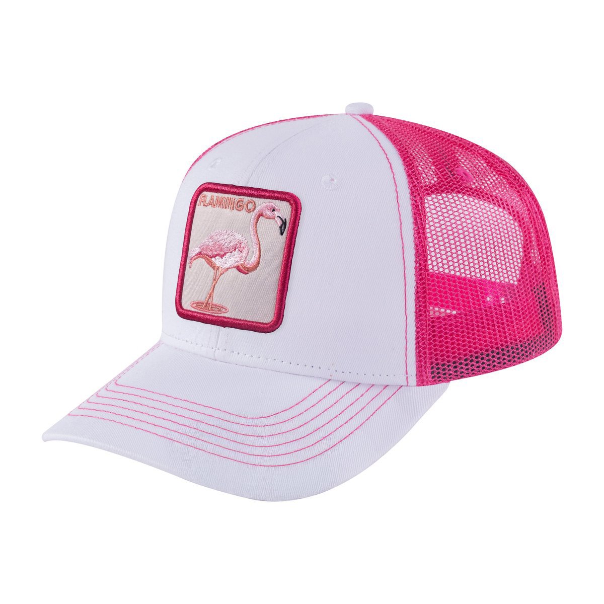 Unisex Embroidered The Flamingo, 6-Panel Trucker Hat, White/Pink, Adjustable Fit