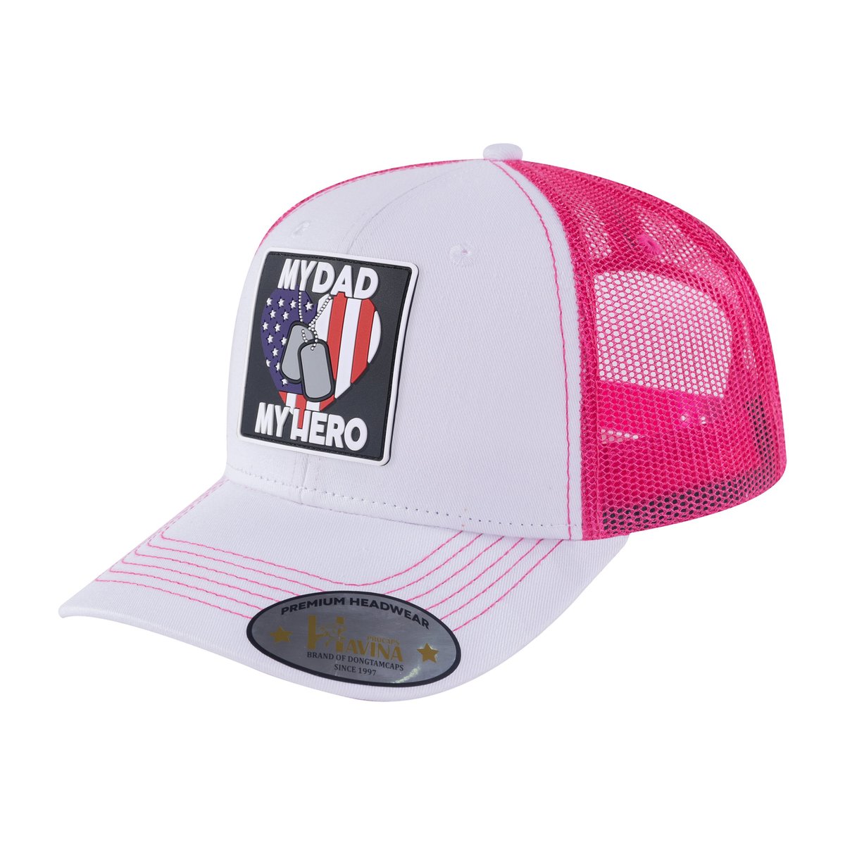 Embroidered My Dad My Hero - 6 Panel Trucker Hat - White/Pink