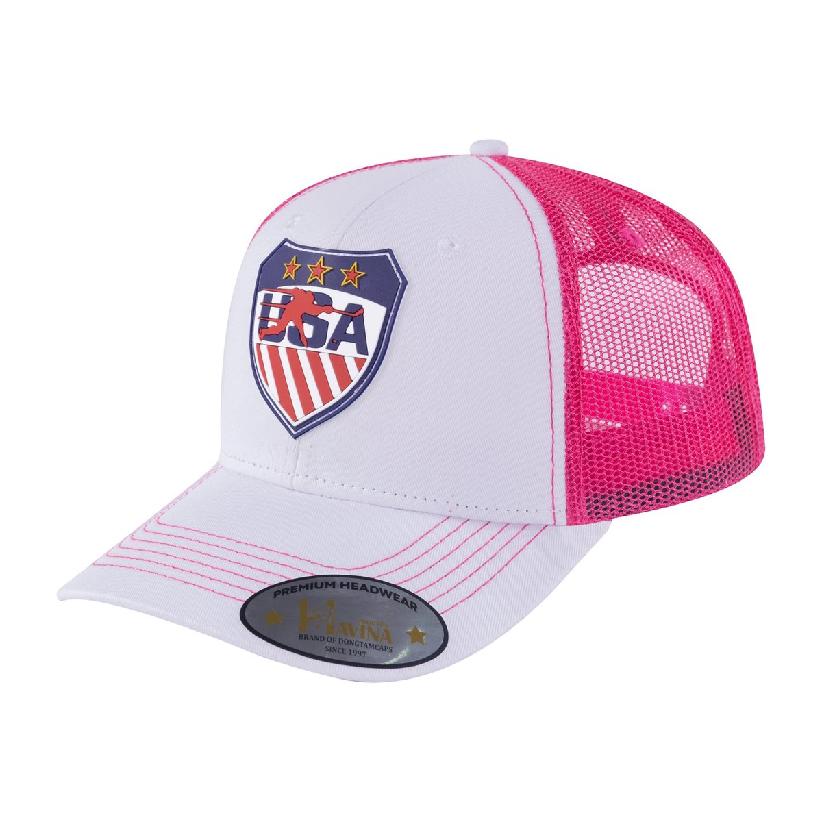 Unisex Embroidered US Loving Hockey, 6-Panel Trucker Hat, White/Pink, Adjustable Fit