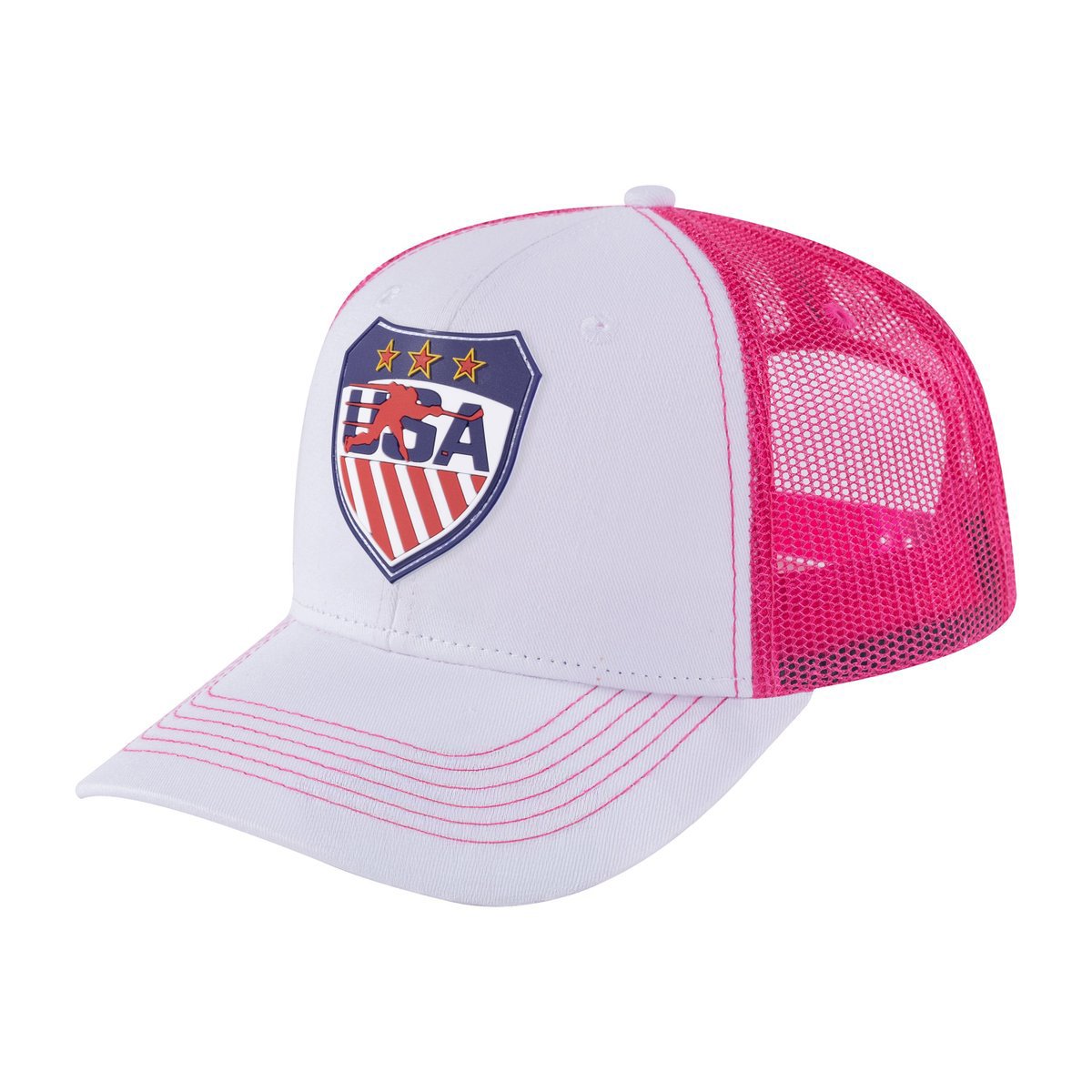 Unisex Embroidered Loving Hockey, 6-Panel Trucker Hat, White/Pink, Adjustable Fit