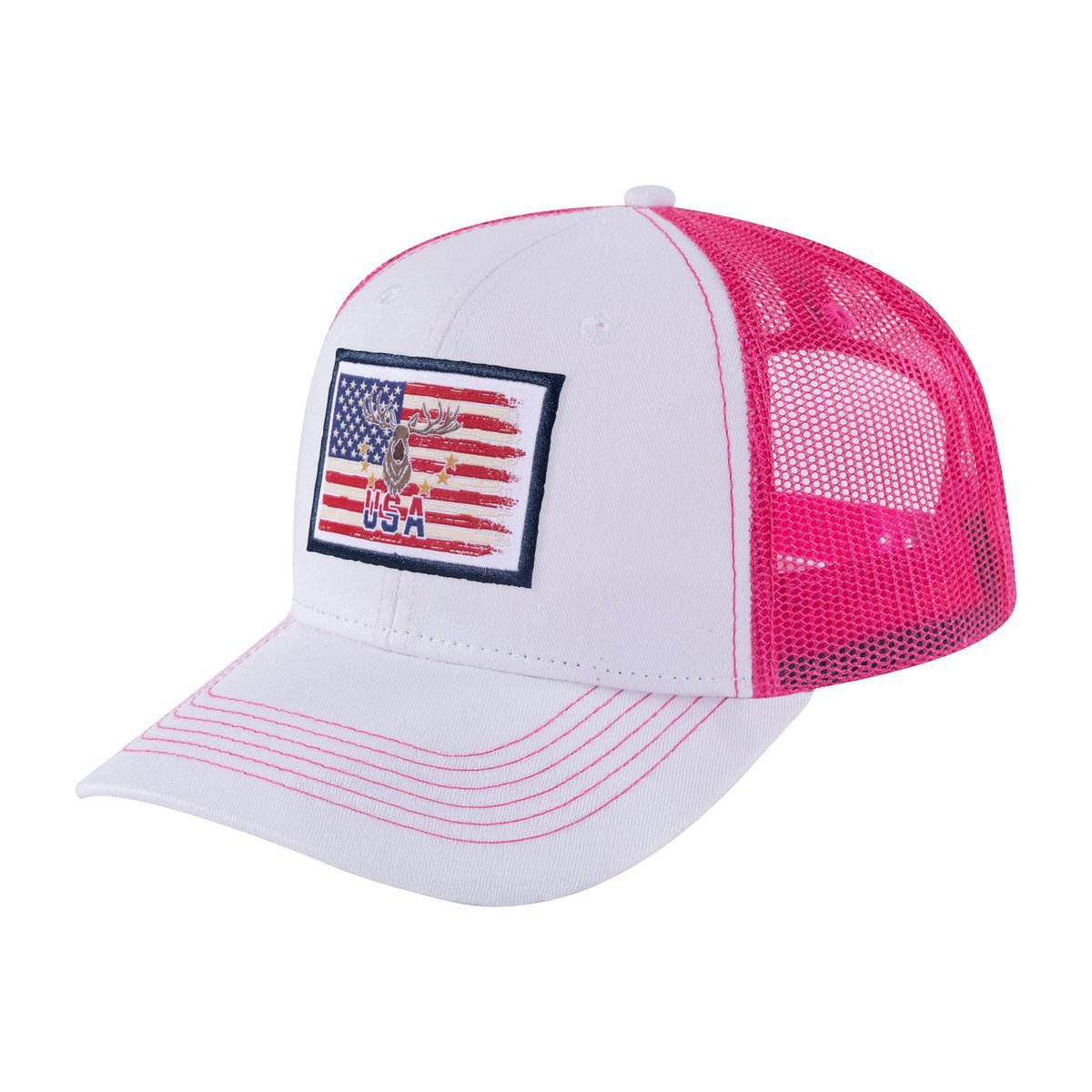 Unisex Embroidered Usa Deer Hunter, 6-Panel Trucker Hat, White/Pink, Adjustable Fit