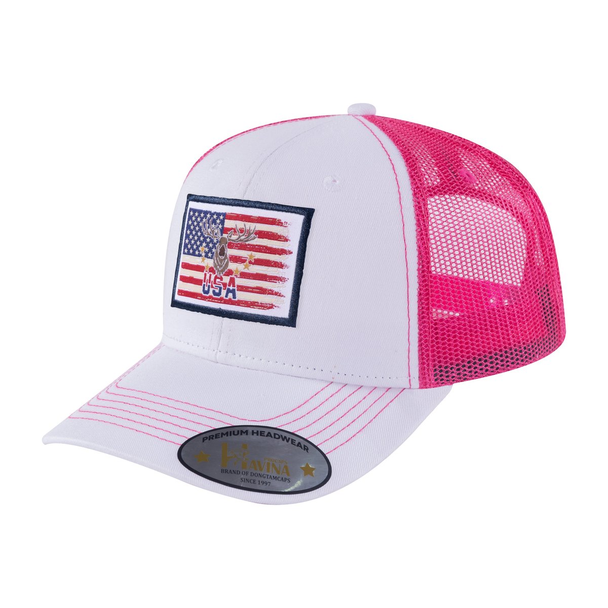 Unisex Embroidered Usa Deer Hunter, 6-Panel Trucker Hat, White/Pink, Adjustable Fit