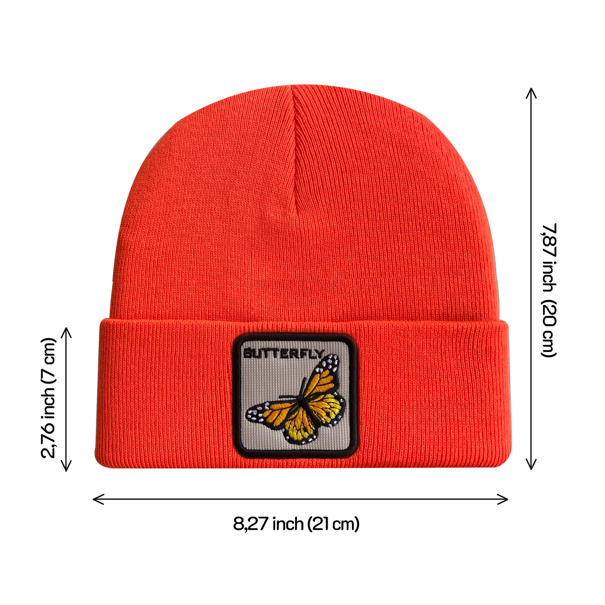Unisex Embroidered The Butterfly, Knitted Soft Warm Unisex Beanie, Orange, Adjustable Fit
