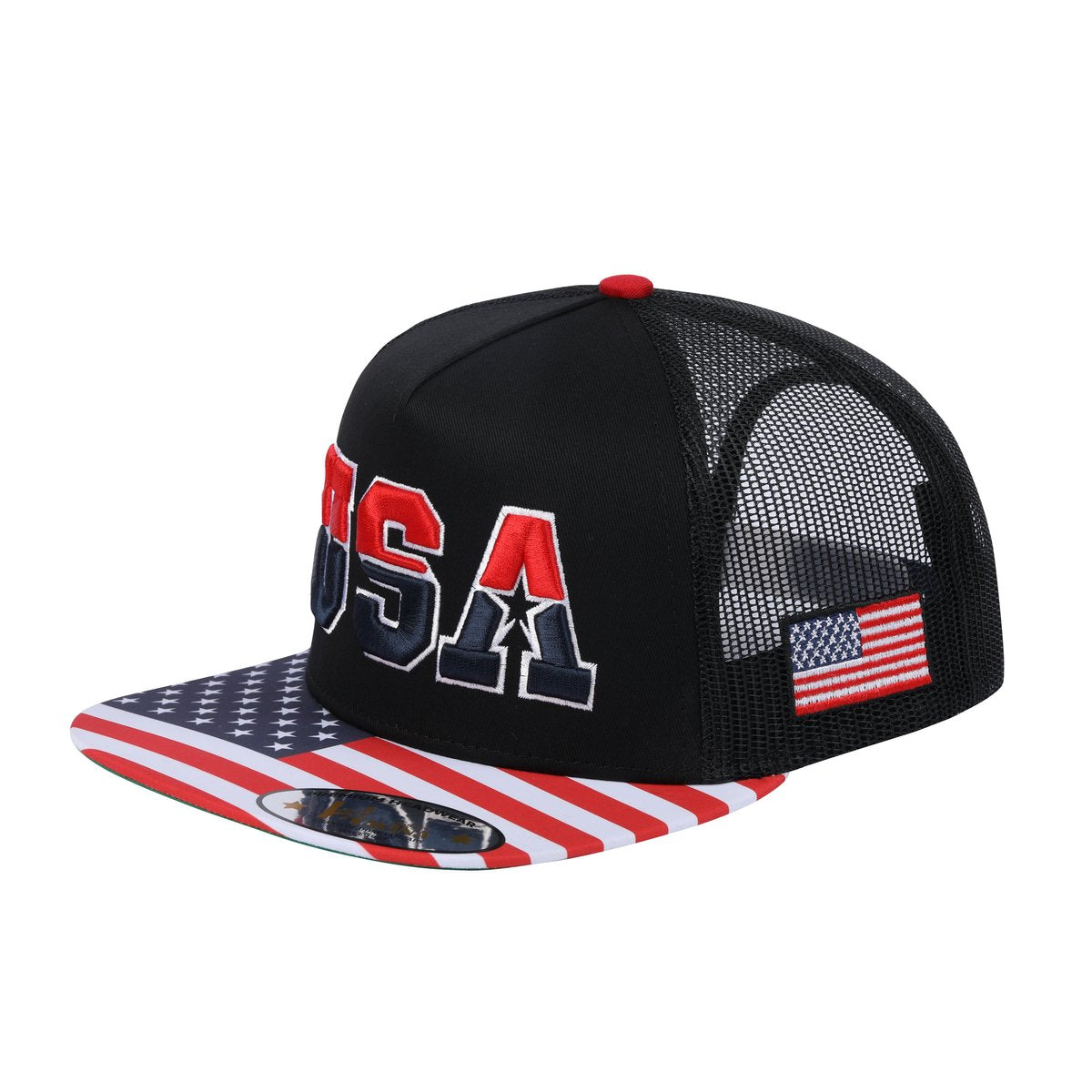 Unisex Embroidered Classic US American Flag, 5-Panel Snap Trucker Hat, Black, Adjustable Fit