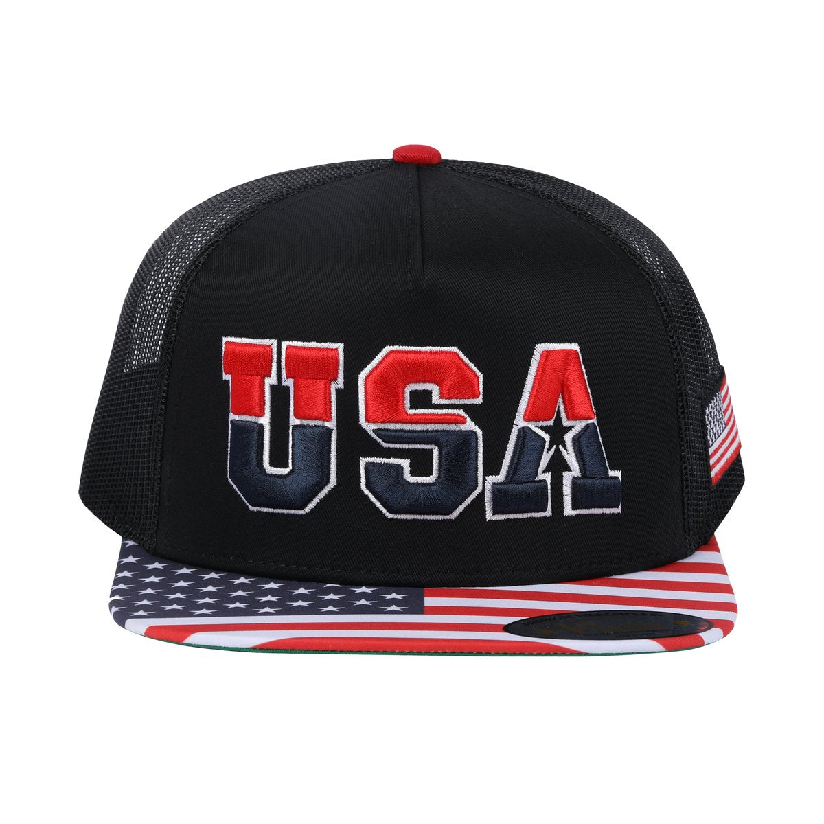 Unisex Embroidered Classic US American Flag, 5-Panel Snap Trucker Hat, Black, Adjustable Fit