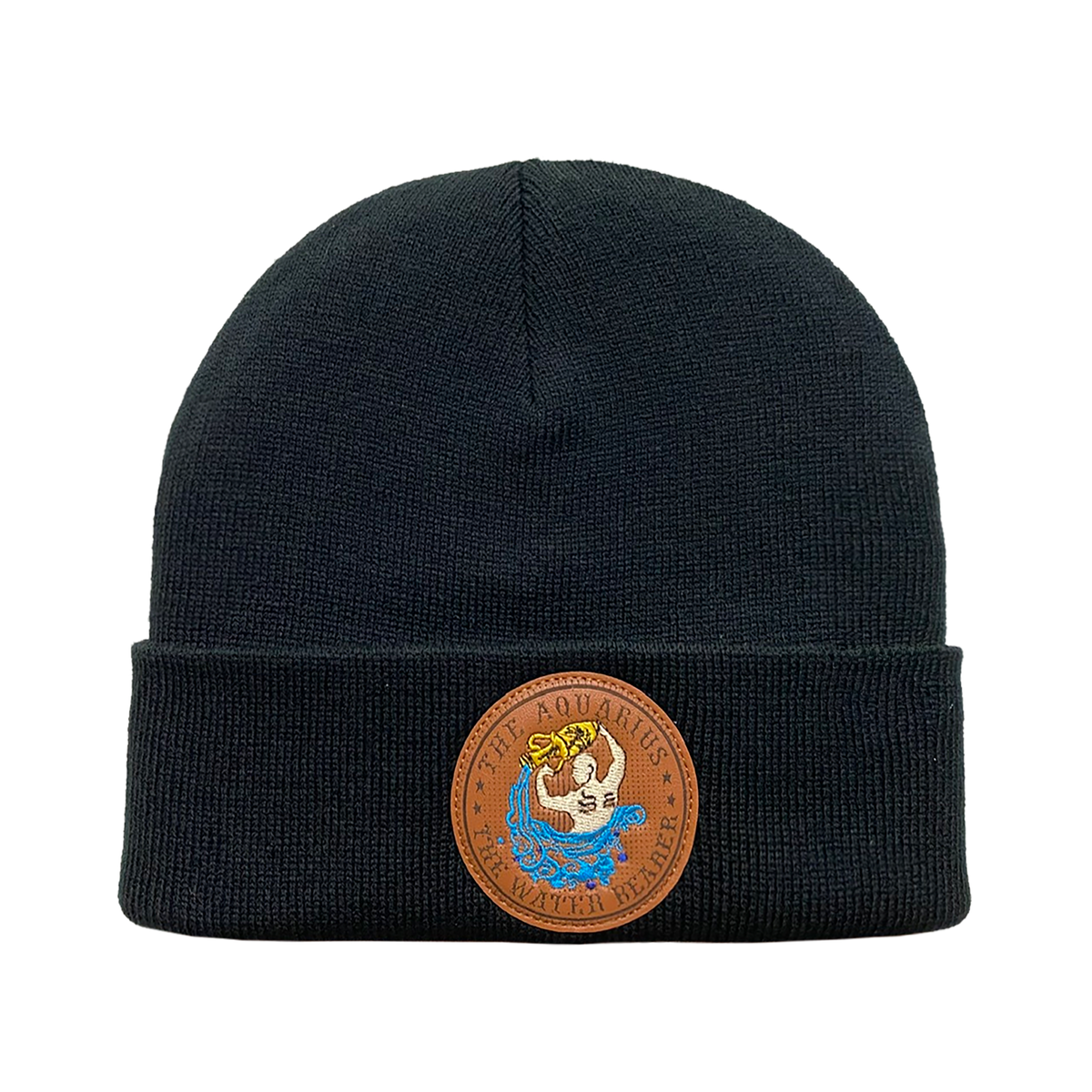 Unisex Embroidered and laser-engraved Aquarius Zodiac (January 20, February 18), Knitted Soft Warm Unisex Beanie, Black, Adjustable Fit
